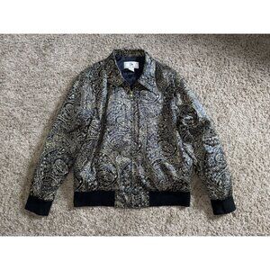 Mens 100% Silk Bomber Jacket Black Gold Floral Asian Print Retro Quiet Lux MED